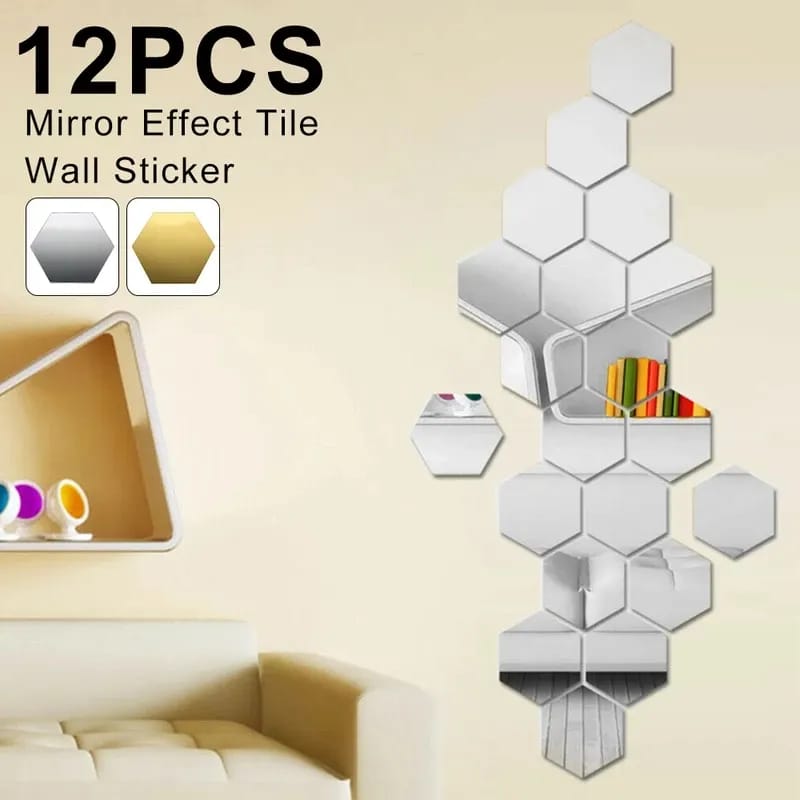 12 PCS Set Hexagon Mirror Effect Wall Stickers