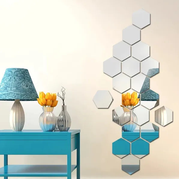 12 PCS Set Hexagon Mirror Effect Wall Stickers